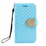 Wholesale Samsung Galaxy S6 Star Diamond Flip Leather Wallet Case with Strap (Blue)